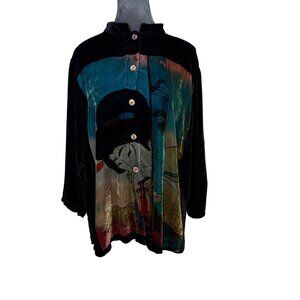 Citron Santa Monica Velvet Button-Up Shirt With Geisha Print Design Rayon/Silk B